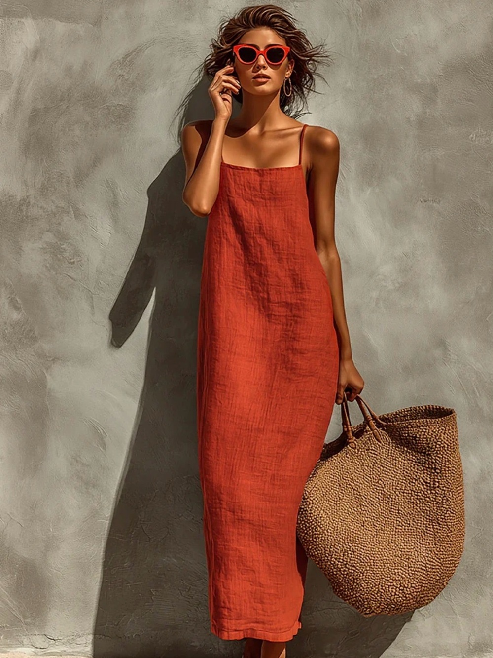 Modesees Red Cotton Dress with Square Neck (Size Small)